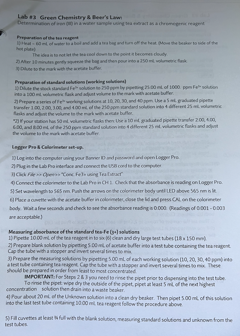 Solved Lab 3 Green Chemistry Beer S Law Determination Chegg