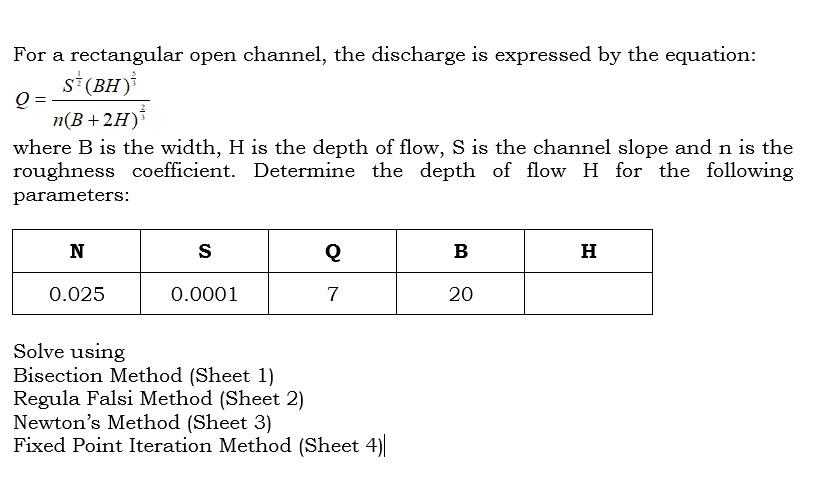 Solved For A Rectangular Open Channel The Discharge Is Chegg