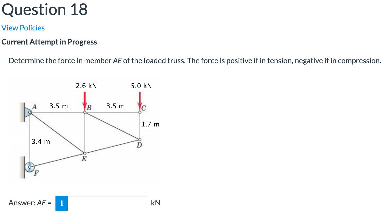 Solved Determine The Force In Member AE Of The Loaded Truss Chegg