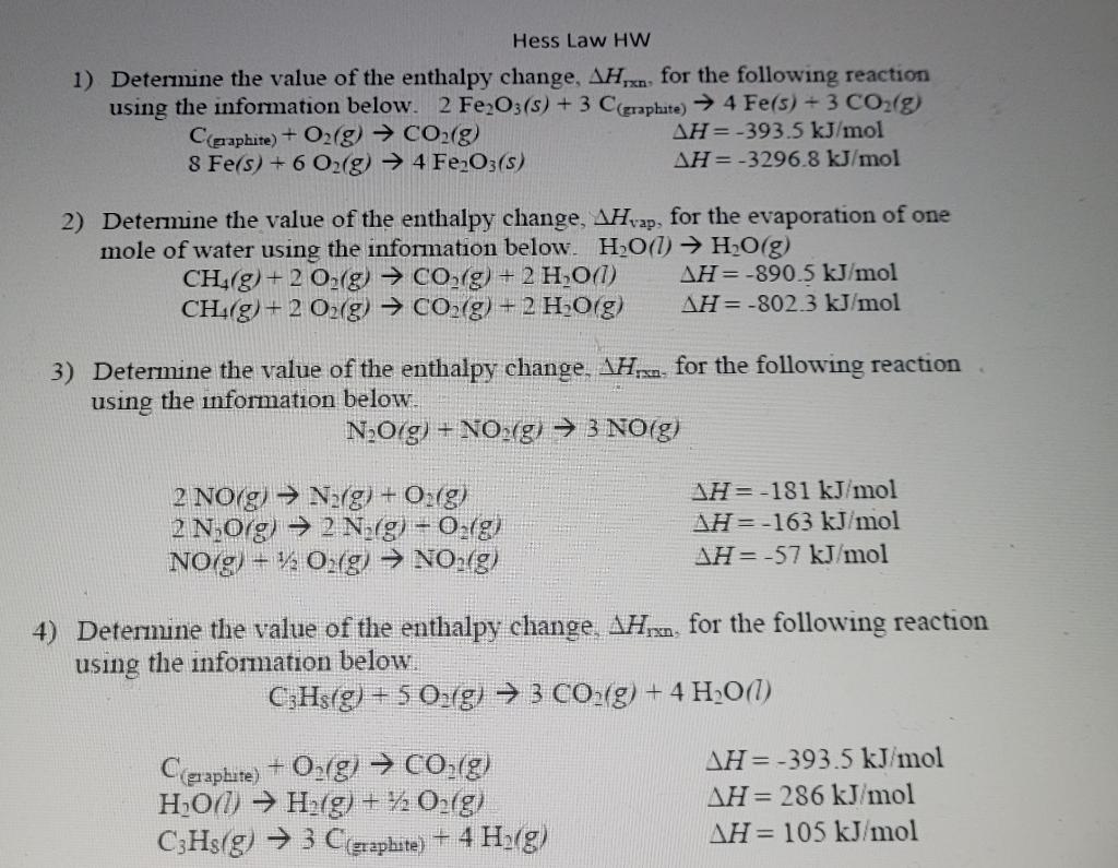 Solved 1 Determine the value of the enthalpy change ΔHrxn Chegg