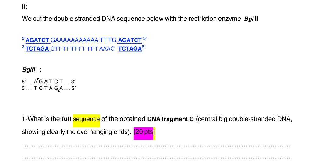 Solved We Cut The Double Stranded DNA Sequence Below With Chegg