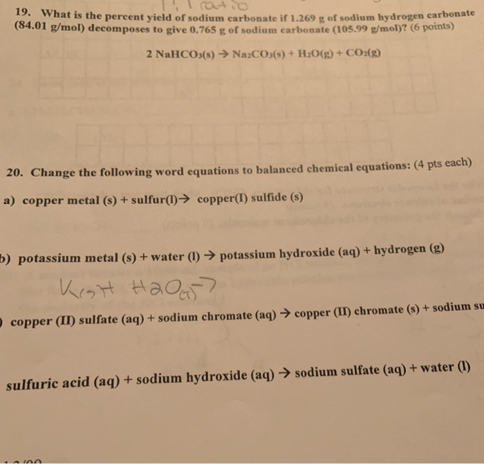 Solved What Is The Percent Yield Of Sodium Carbonate If Chegg