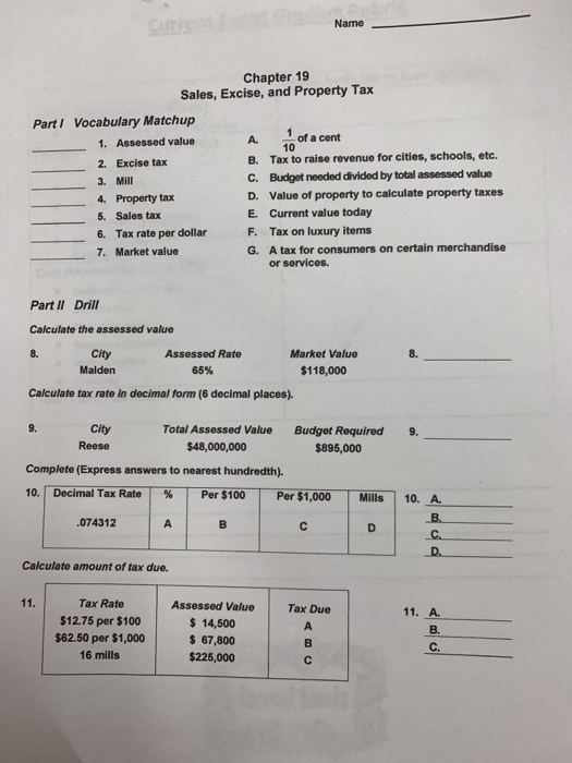 Solved Name Chapter 19 Sales Excise And Property Tax Chegg