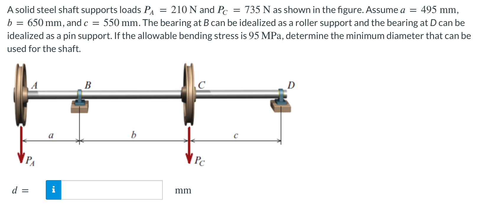 Solved A Solid Steel Shaft Supports Loads PA 210 N And Chegg