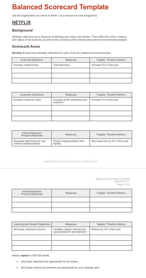 Solved Balanced Scorecard Template Use The Organization You Chegg