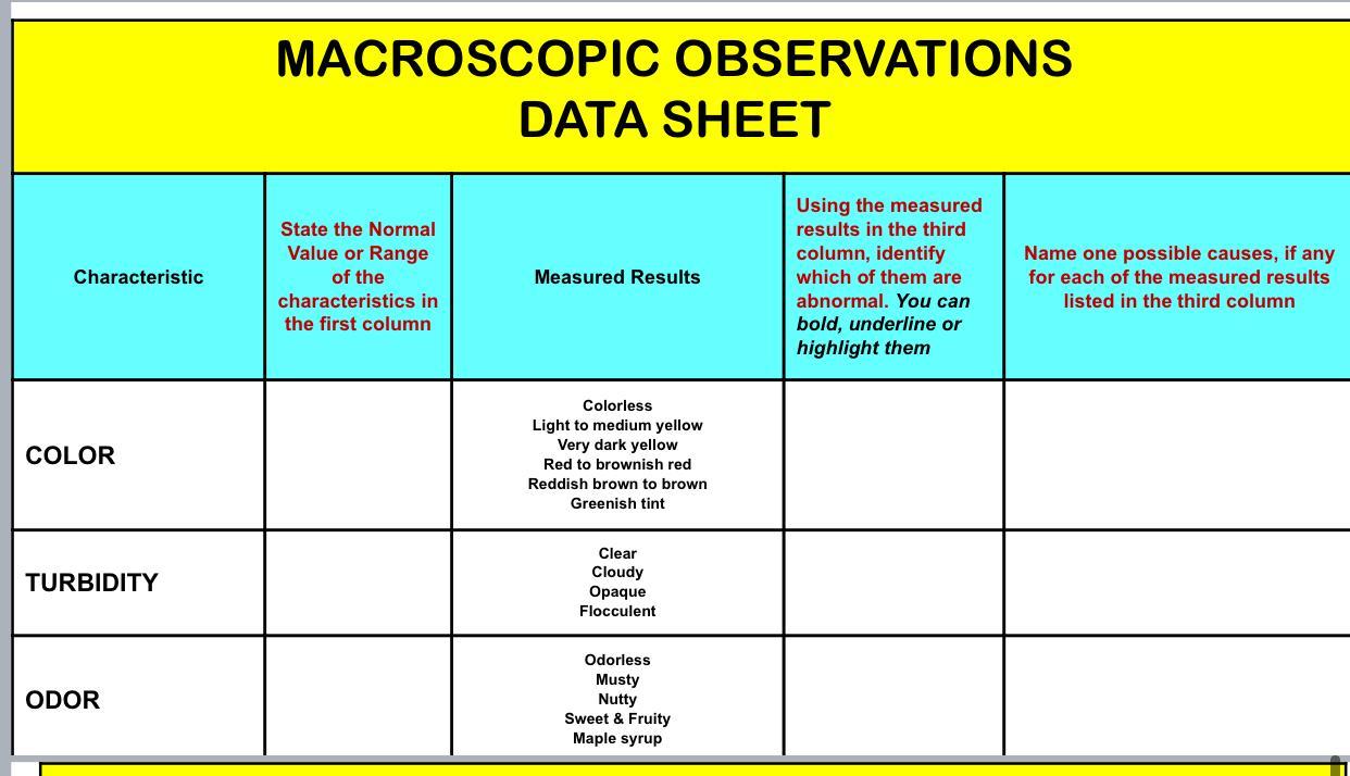 Macroscopic Observations Data Sheet Characteristic Chegg