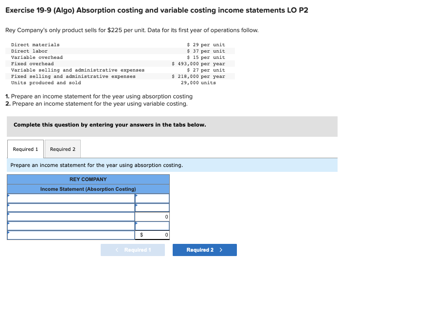 Solved Exercise 19 9 Algo Absorption Costing And Variable Chegg