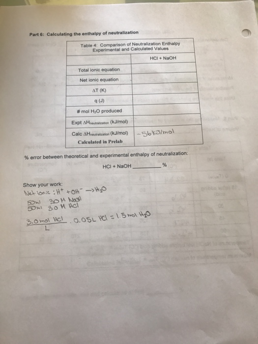 Solved Part Calculating The Enthalpy Of Neutralization Chegg