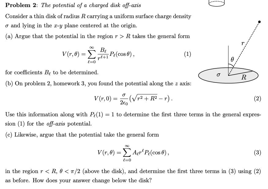 Solved Problem The Potential Of A Charged Disk Off Axis Chegg