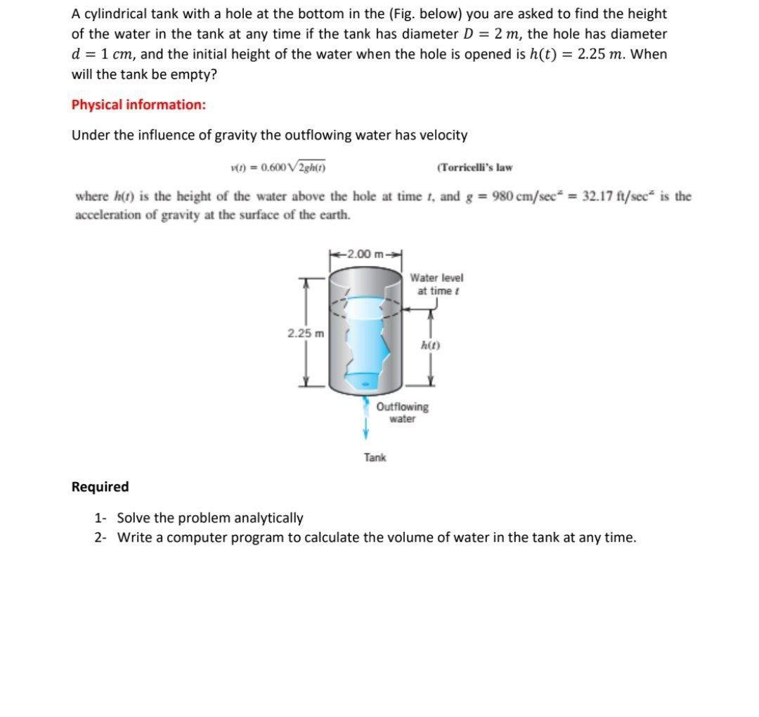 Solved A Cylindrical Tank With A Hole At The Bottom In The Chegg