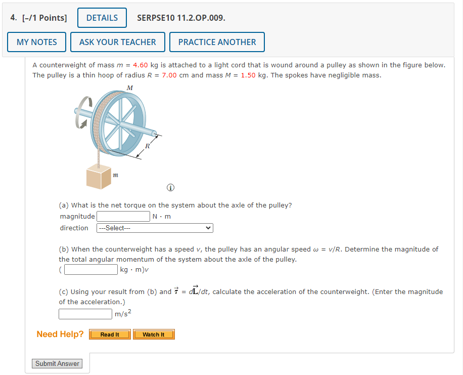 Solved A Counterweight Of Mass M 4 60 Kg Is Attached To A Chegg