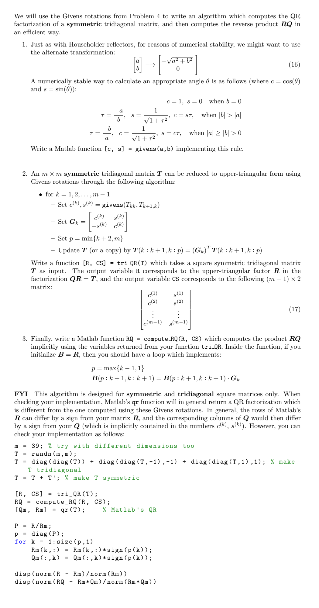 Solved MATLAB QR Factorization Programming Question Please Chegg