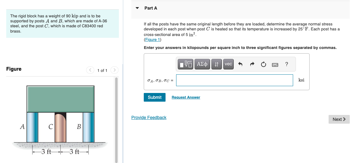 Solved The Rigid Block Has A Weight Of Kip And Is To Be Chegg