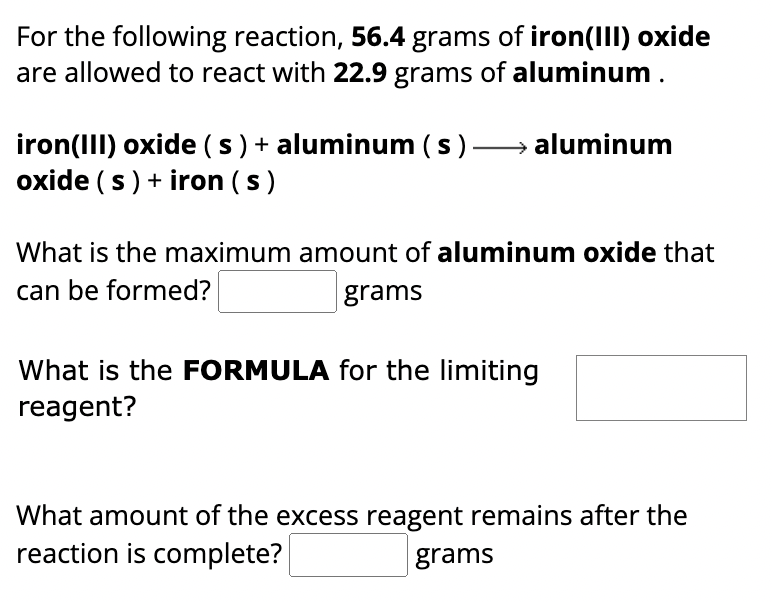 Solved For The Following Reaction 56 4 Grams Of Iron III Chegg