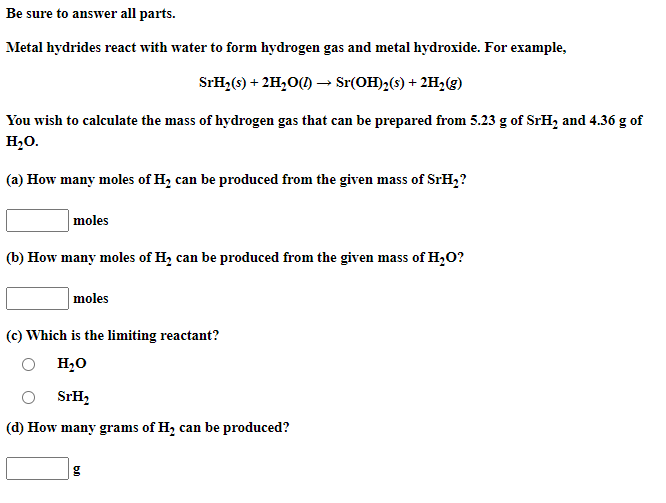 Solved Be Sure To Answer All Parts Metal Hydrides React With Chegg