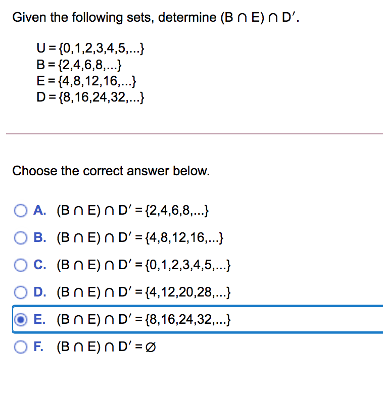 Solved Given The Following Sets Determine B N E N D U Chegg