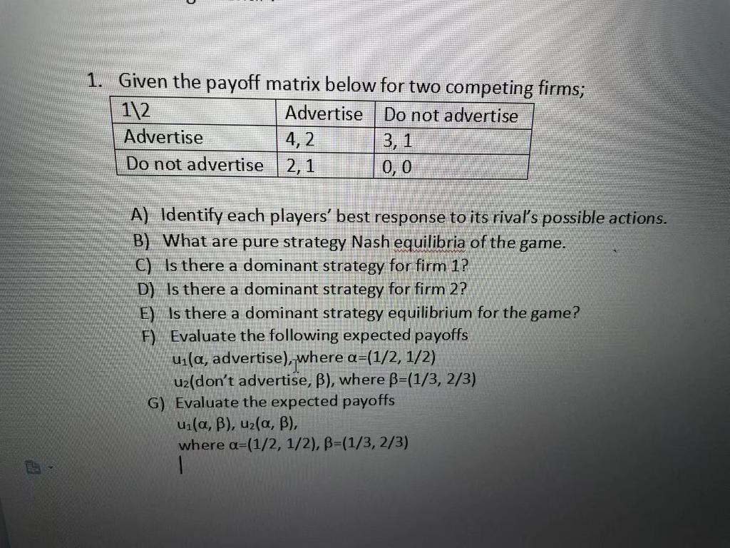 Solved Given The Payoff Matrix Below For Two Chegg