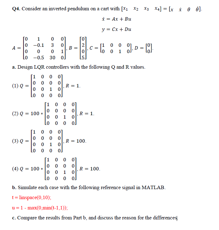 Solved Q Consider An Inverted Pendulum On A Cart With Chegg