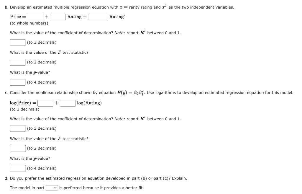 Solved B Develop An Estimated Multiple Regression Equation Chegg