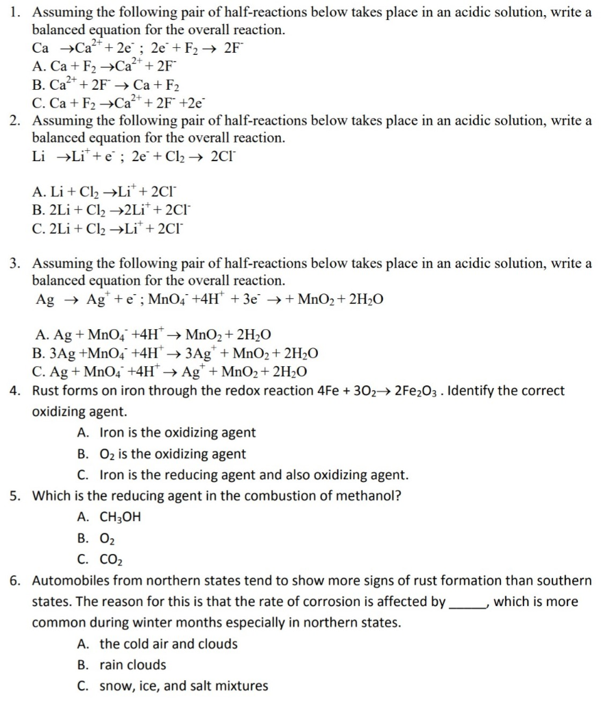 Solved Assuming The Following Pair Of Half Reactions Chegg