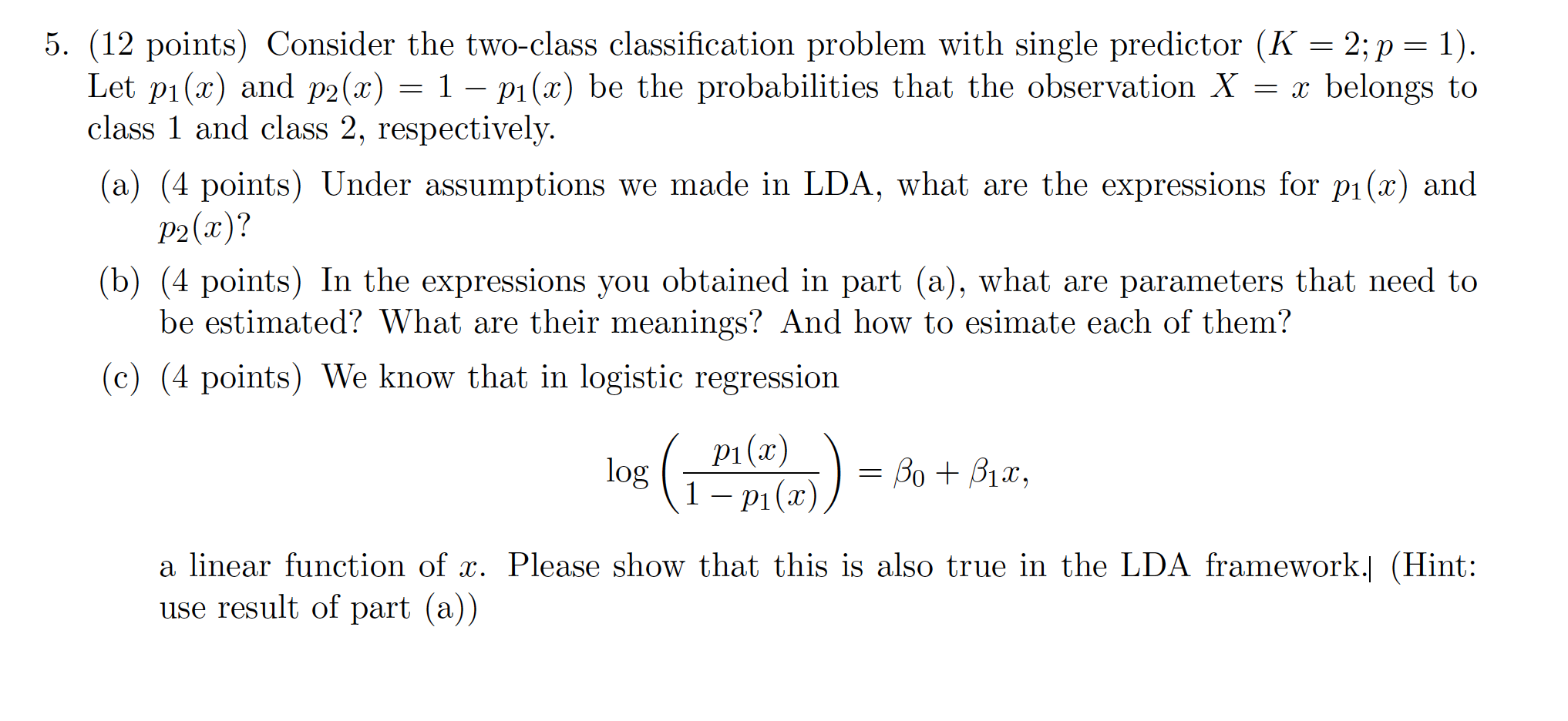 12 Points Consider The Two Class Classification Chegg