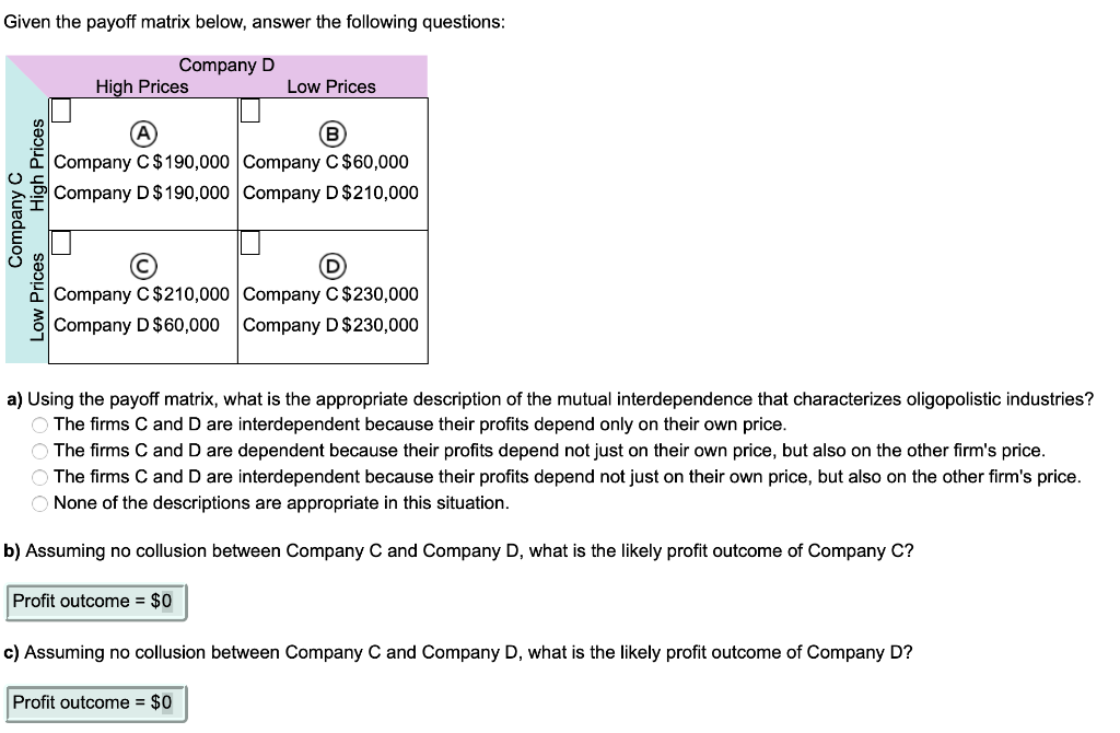 Solved Given The Payoff Matrix Below Answer The Following Chegg