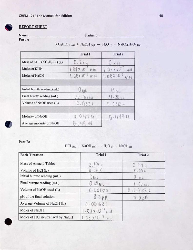 Solved Antacid Titration Lab Initial Concentration Of Hcl Is Chegg