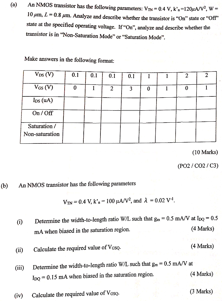 Solved An NMOS Transistor Has The Following Parameters VTN Chegg