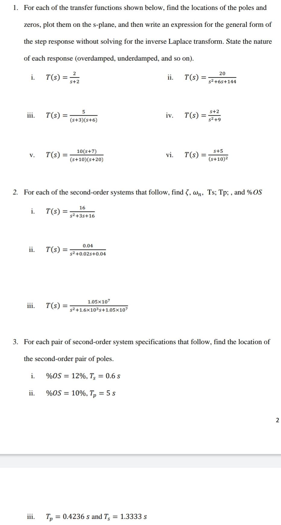 Solved 1 For Each Of The Transfer Functions Shown Below Chegg