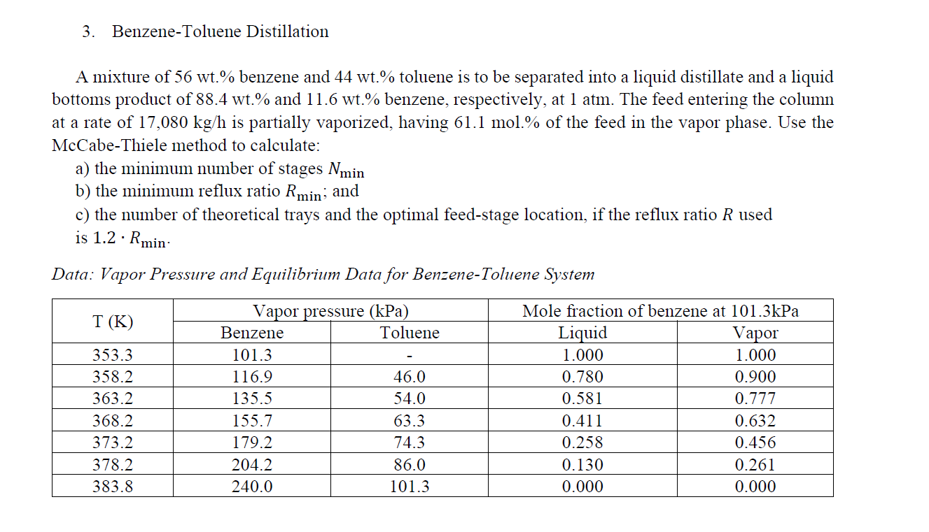 Solved 3 Benzene Toluene Distillation A Mixture Of 56 Wt Chegg