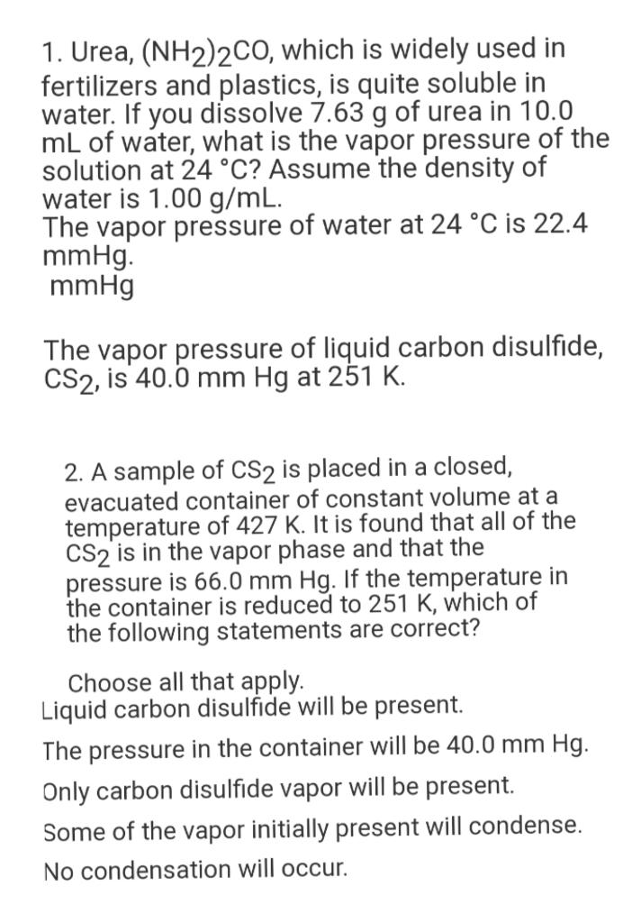 Solved 1 Urea NH2 2CO Which Is Widely Used In Chegg