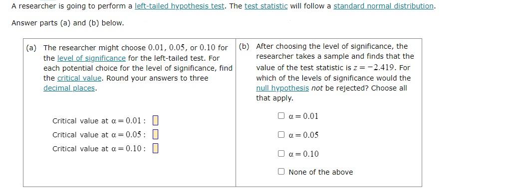 Solved A Researcher Is Going To Perform A Left Tailed Chegg