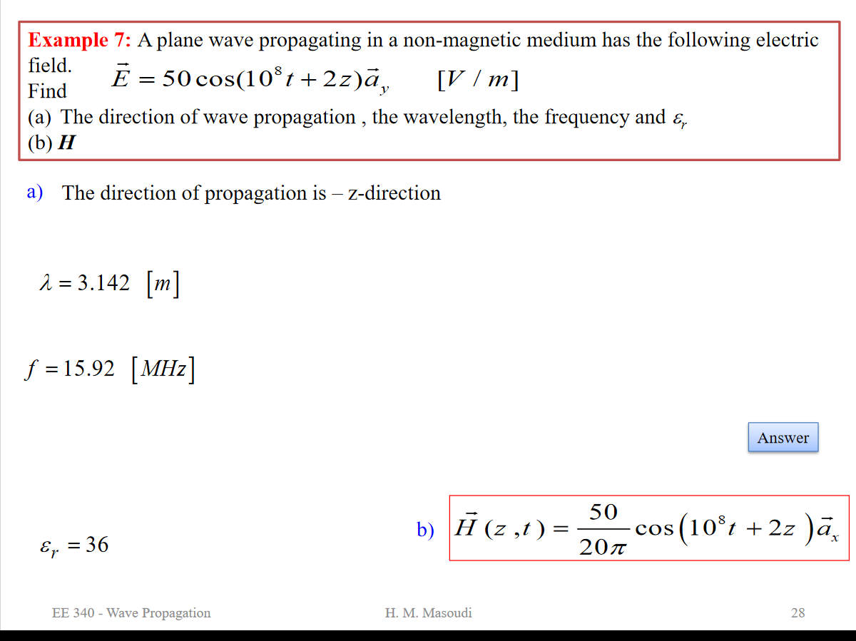 Solved Example A Plane Wave Propagating In A Non Magnetic Chegg