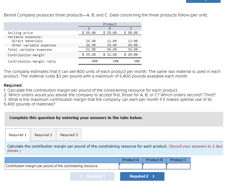 Solved Benolt Company Produces Three Products A B And C Chegg