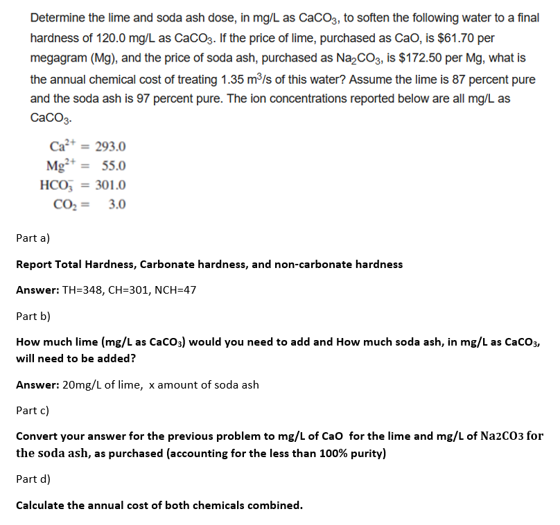 Solved Determine The Lime And Soda Ash Dose In Mg L As Chegg