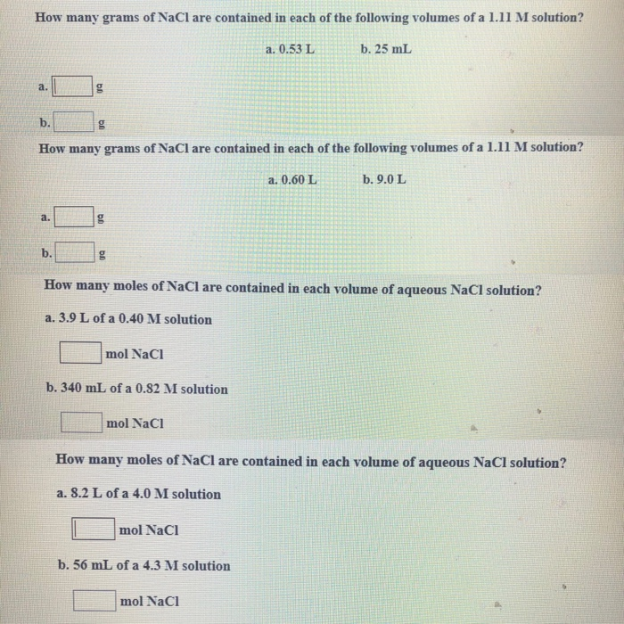 Solved How Many Grams Of Nacl Are Contained In Each Of The Chegg