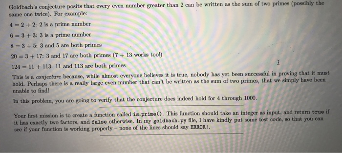 Solved Possibly The Goldbach S Conjecture Posits That Every Chegg