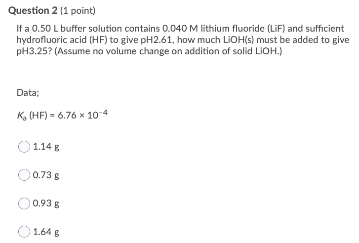 Solved Question 2 1 Point If A 0 50 L Buffer Solution Chegg