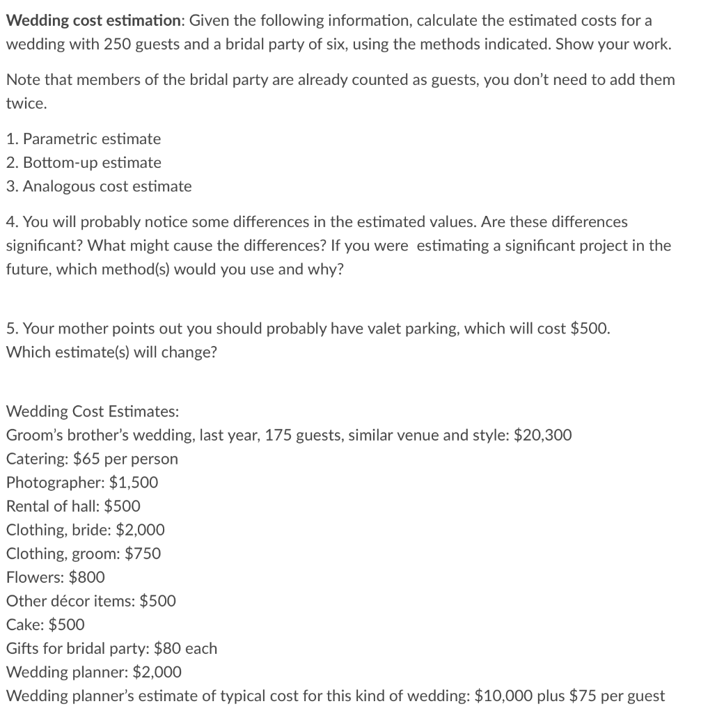 Solved Wedding Cost Estimation Given The Following Chegg