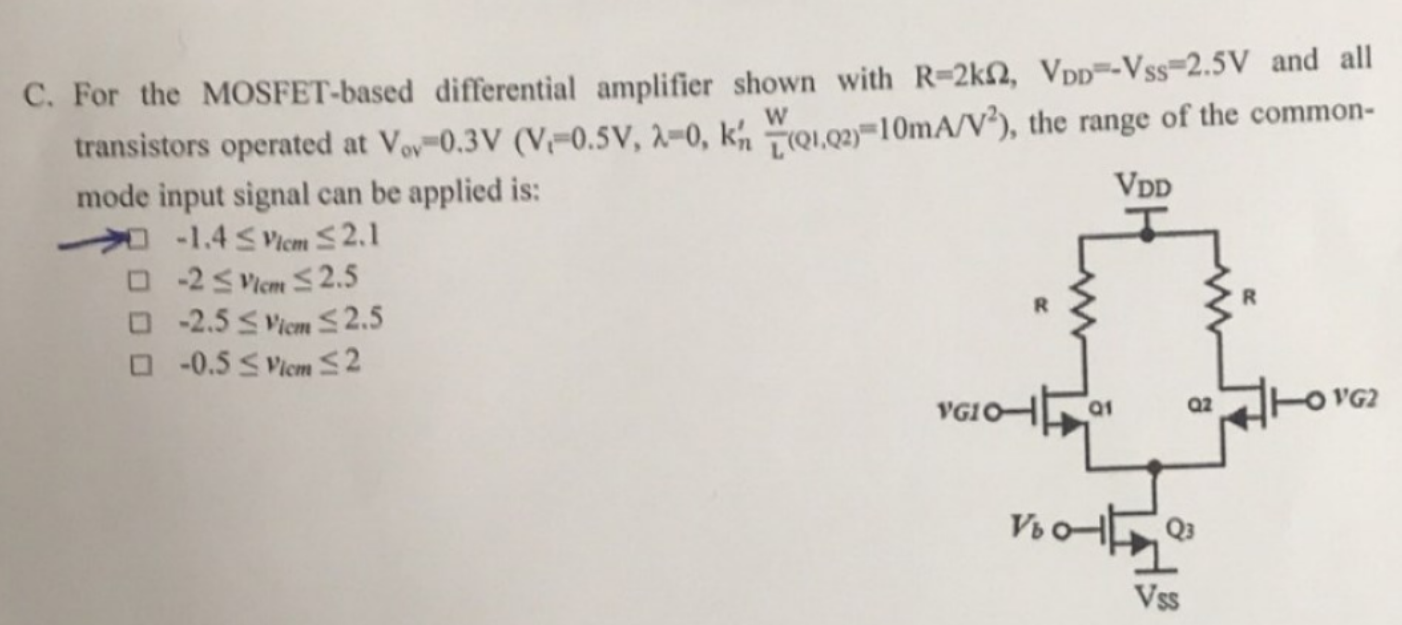 Solved C For The Mosfet Based Differential Amplifier Shown Chegg