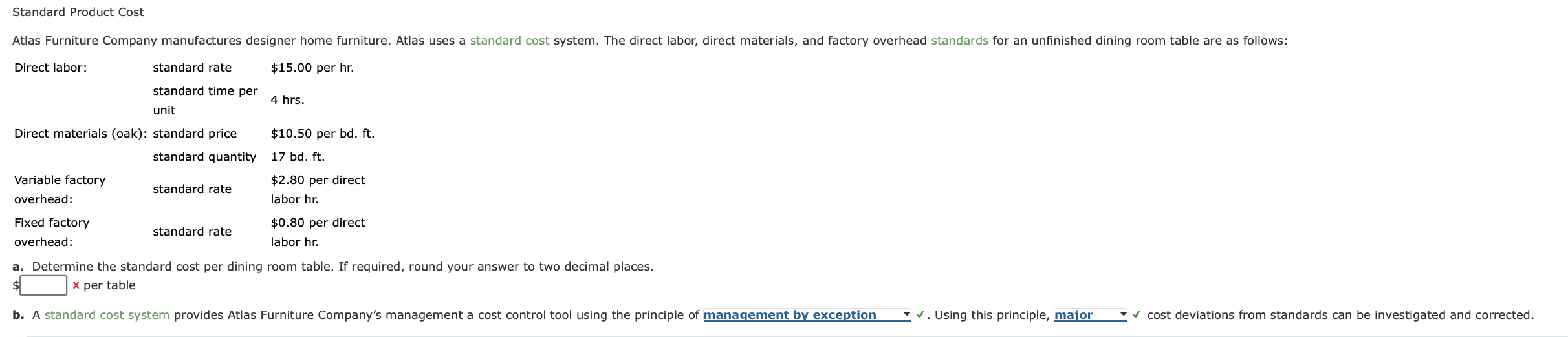 Solved Standard Product Cost Atlas Furniture Company Chegg