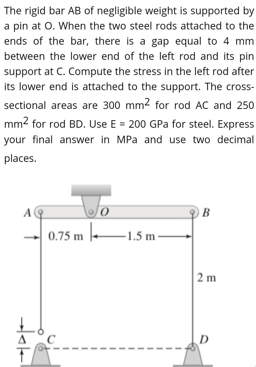 Solved The Rigid Bar Ab Of Negligible Weight Is Supported By Chegg