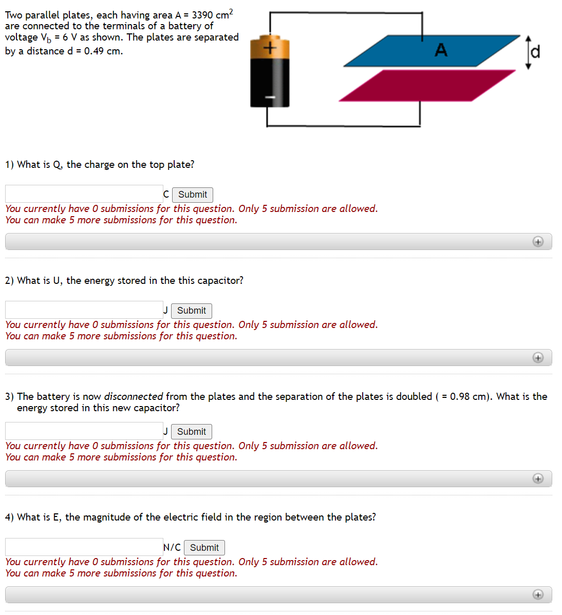 Solved Two Parallel Plates Each Having Area A 3390 Cm2 Are Chegg