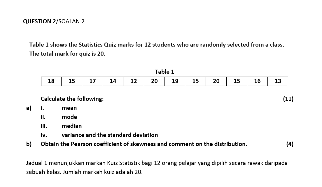 Solved QUESTION 2 SOALAN 2 Table 1 Shows The Statistics Quiz Chegg