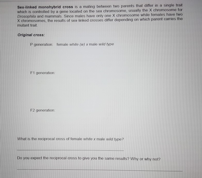 Solved Sex Linked Monohybrid Cross Is A Mating Between Two Chegg