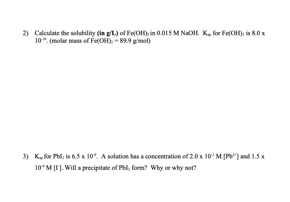 Solved 2 Calculate The Solubility In G L Of Fe OH 2 In Chegg