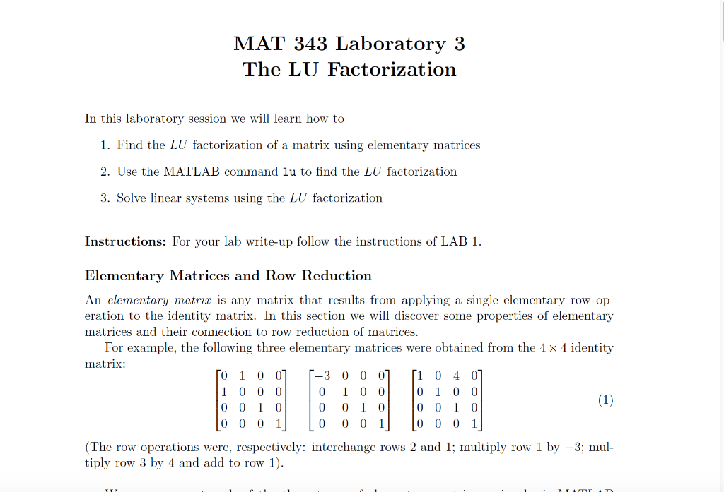 MAT 343 Laboratory 3 The LU Factorization In This Chegg