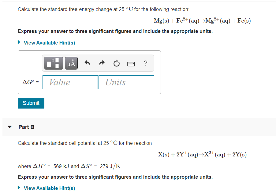 Solved Part A Calculate The Standard Potential For The Chegg