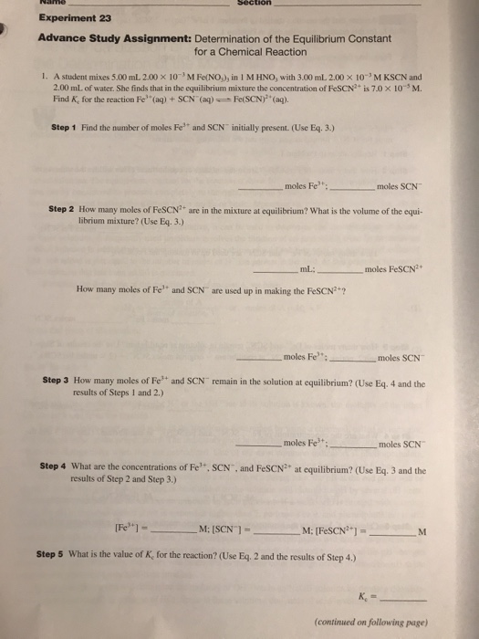 Determination of the equilibrium constant for a chemical reaction