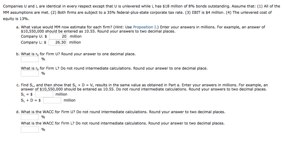 Solved Companies U And L Are Identical In Every Respect Chegg
